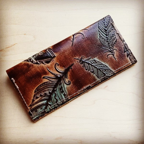 Embossed Leather Wallet-Turquoise Feather