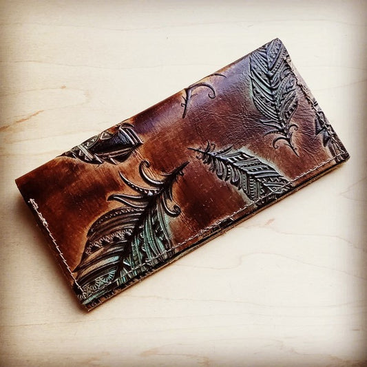 Embossed Leather Wallet-Turquoise Feather