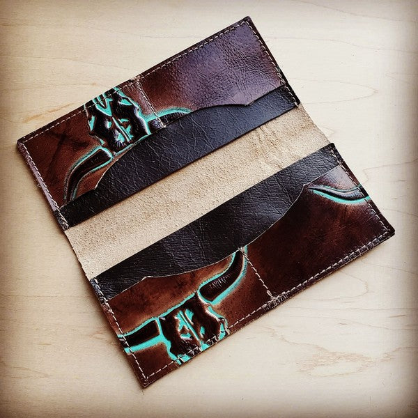 Embossed Leather Wallet-Turquoise Steer