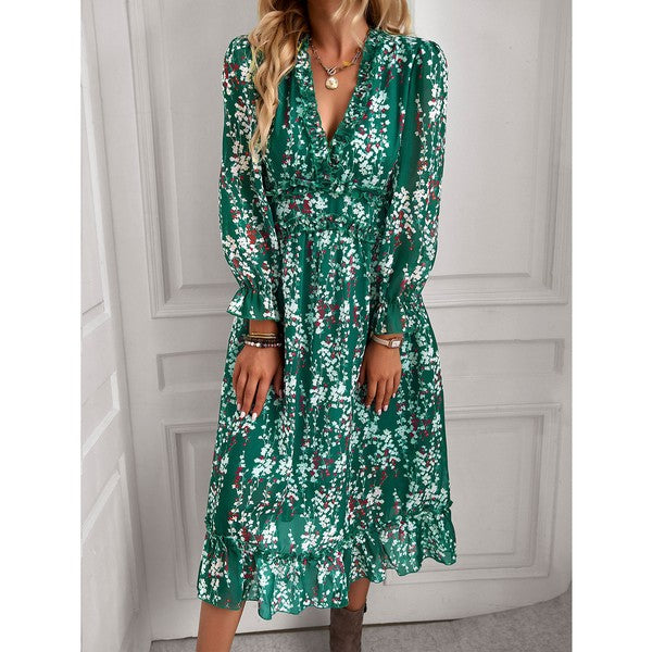 Womens Wrap V Neck Ruffle Floral Maxi Dress