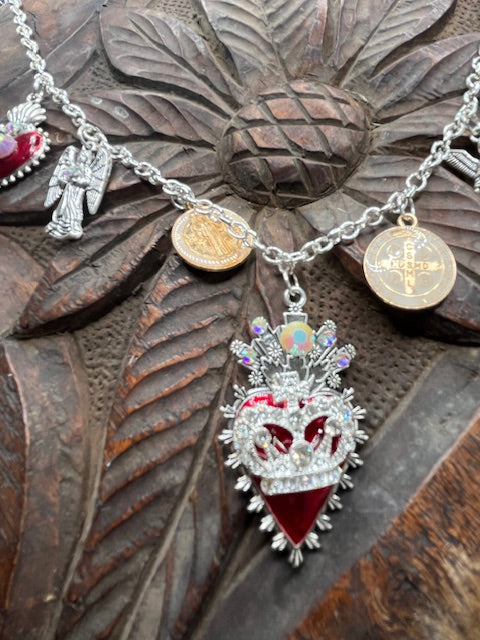 Flaming heart religious necklas hand made